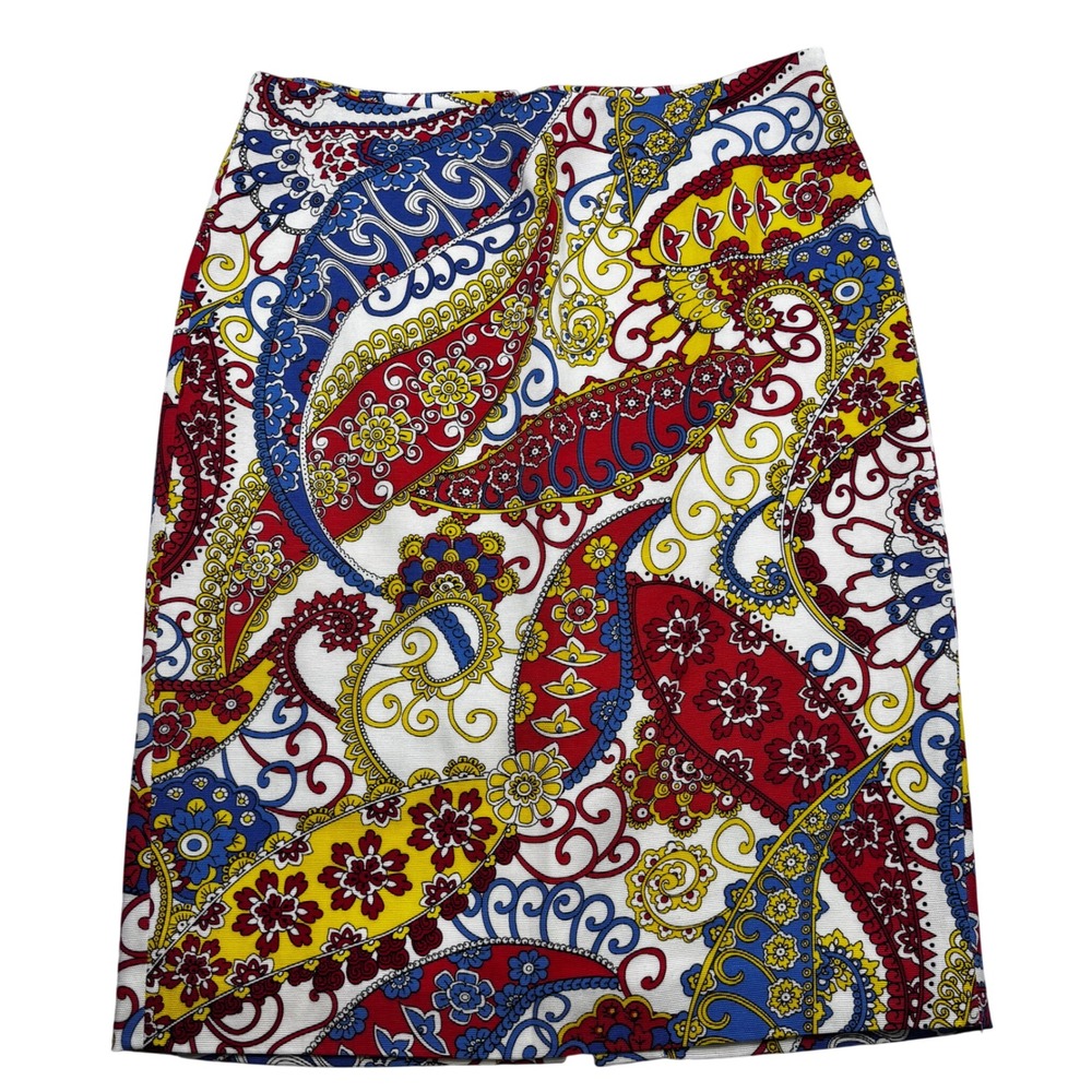 Talbots Womens Red Blue Yellow Paisley Print Pencil Skirt Size 6 Side Zip Lined